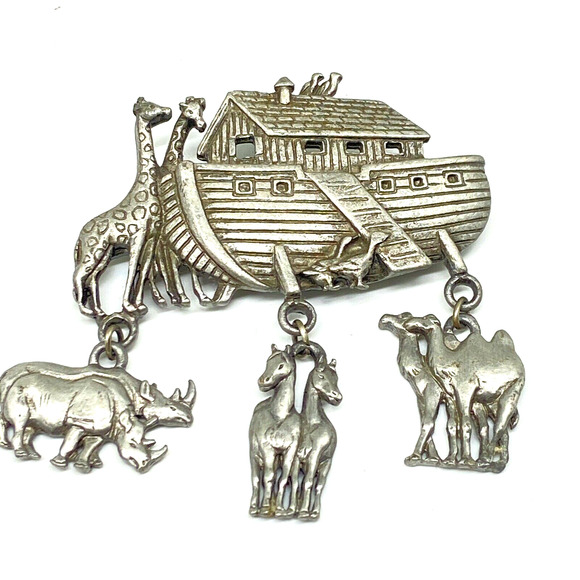 "JJ" Jonette Jewelry Silver Pewter 'NOAH'S ARK ~ Animal Charms' Pin Brooch Vtg - Picture 1 of 11